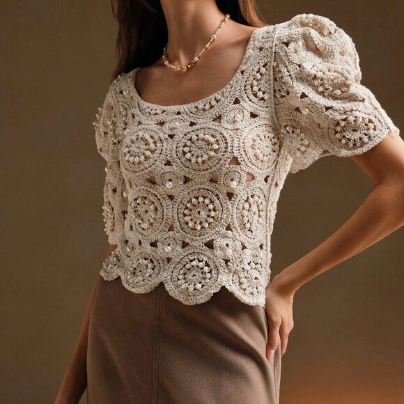 Tops - Apricot Elegant Women's Square Neck Floral Hollow Crochet Puff Sleeve T-Shirt